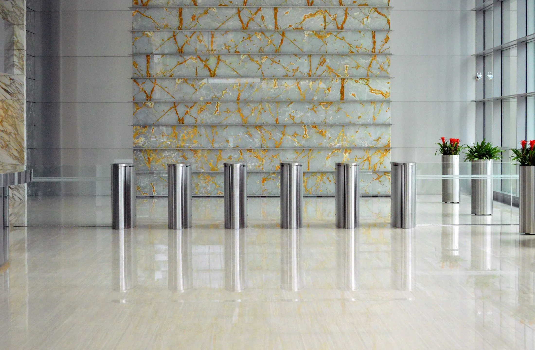Spotless commercial lobby with polished floors at sunrise