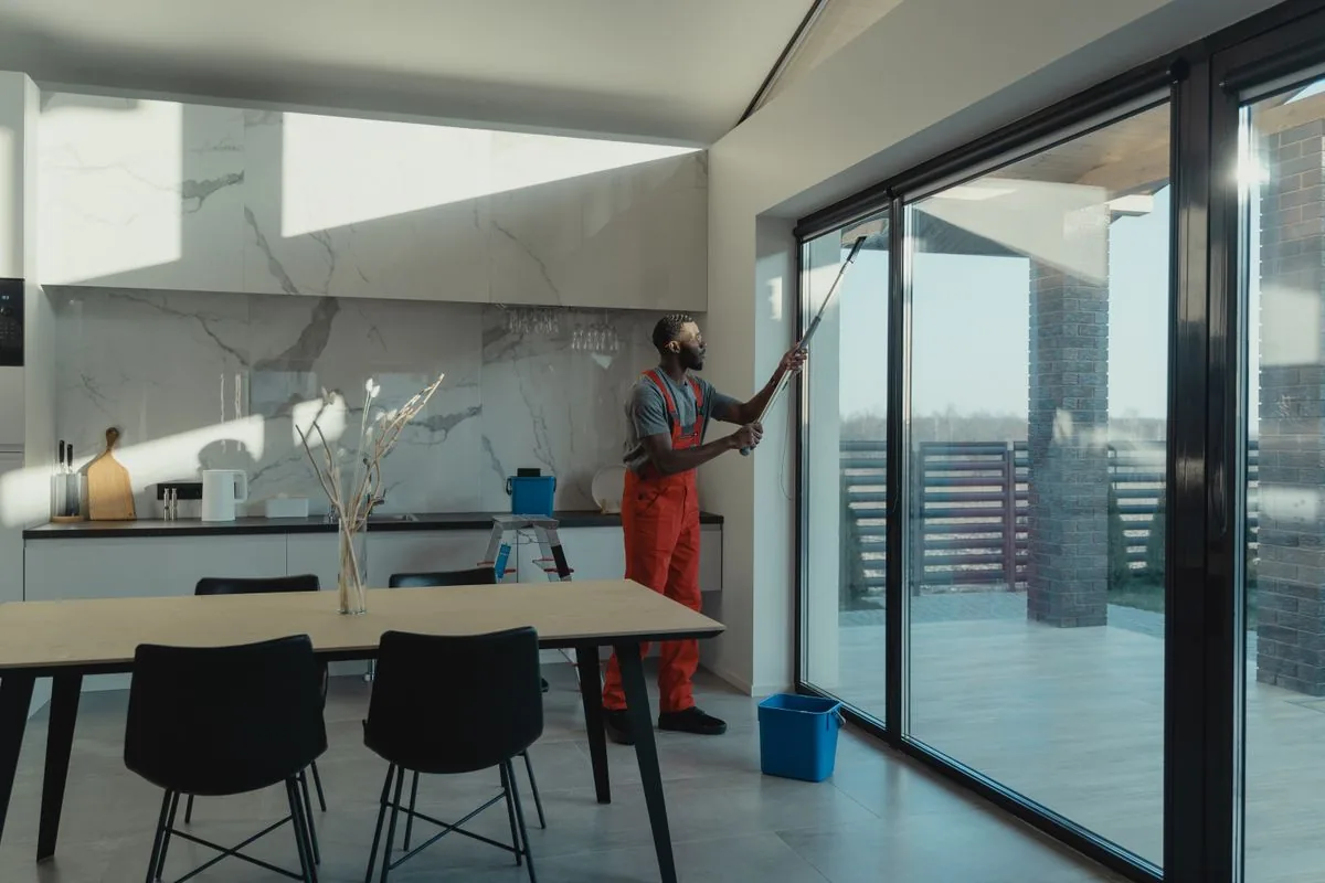 Cleaning interior glass in a modern office
